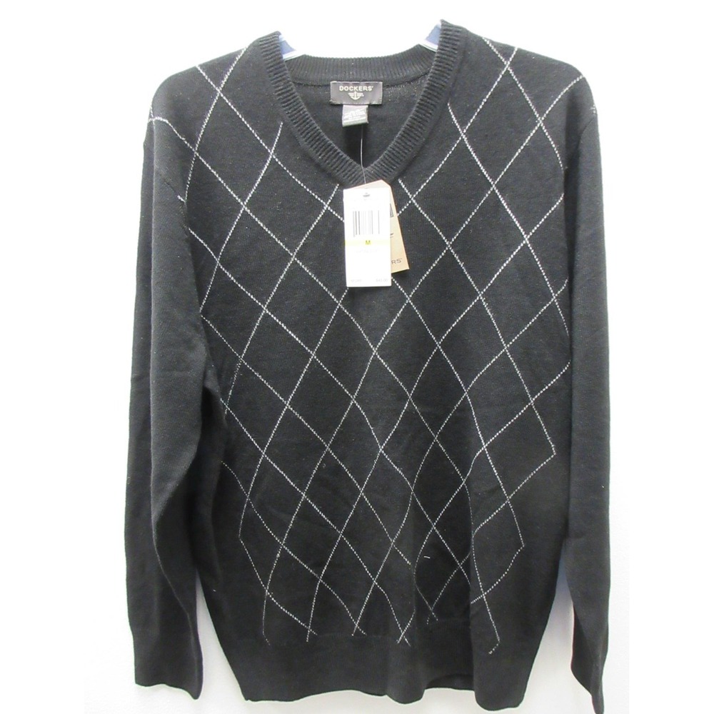 Dockers Extra Soft Black Argyle Print V-Neck Sweater Size M NWT